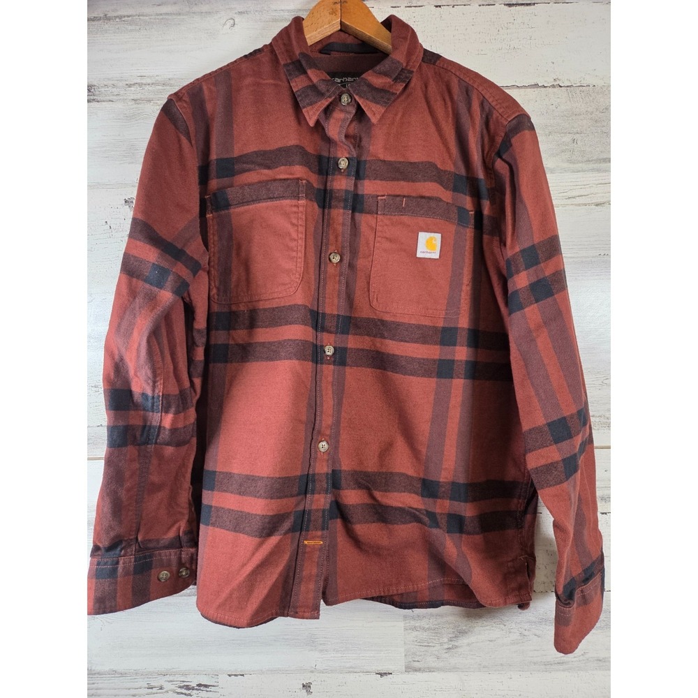 Carhartt Women's Flannel Shirt Rugged Flex Loose Midweight Brown‎ Plaid Size L